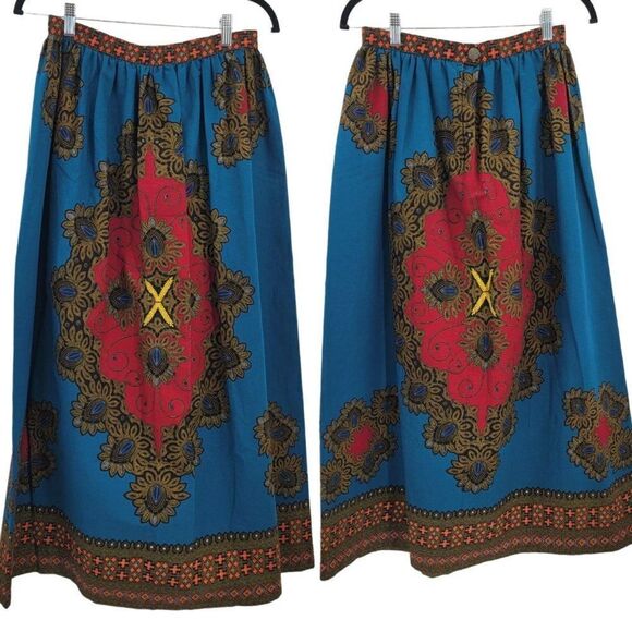 Vtg 70's Womens Skirt Handmade Full Maxi Medallion Psychedelic Fanfare Teal Sz X - Picture 1 of 9